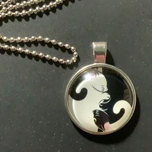 Silver Cabochon Necklace - Black and White Cats in Yin Yang